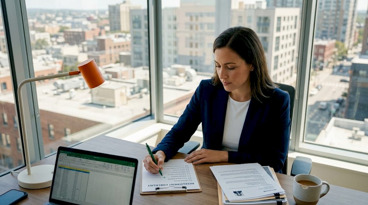HR professional checking recruitment checklist at desk