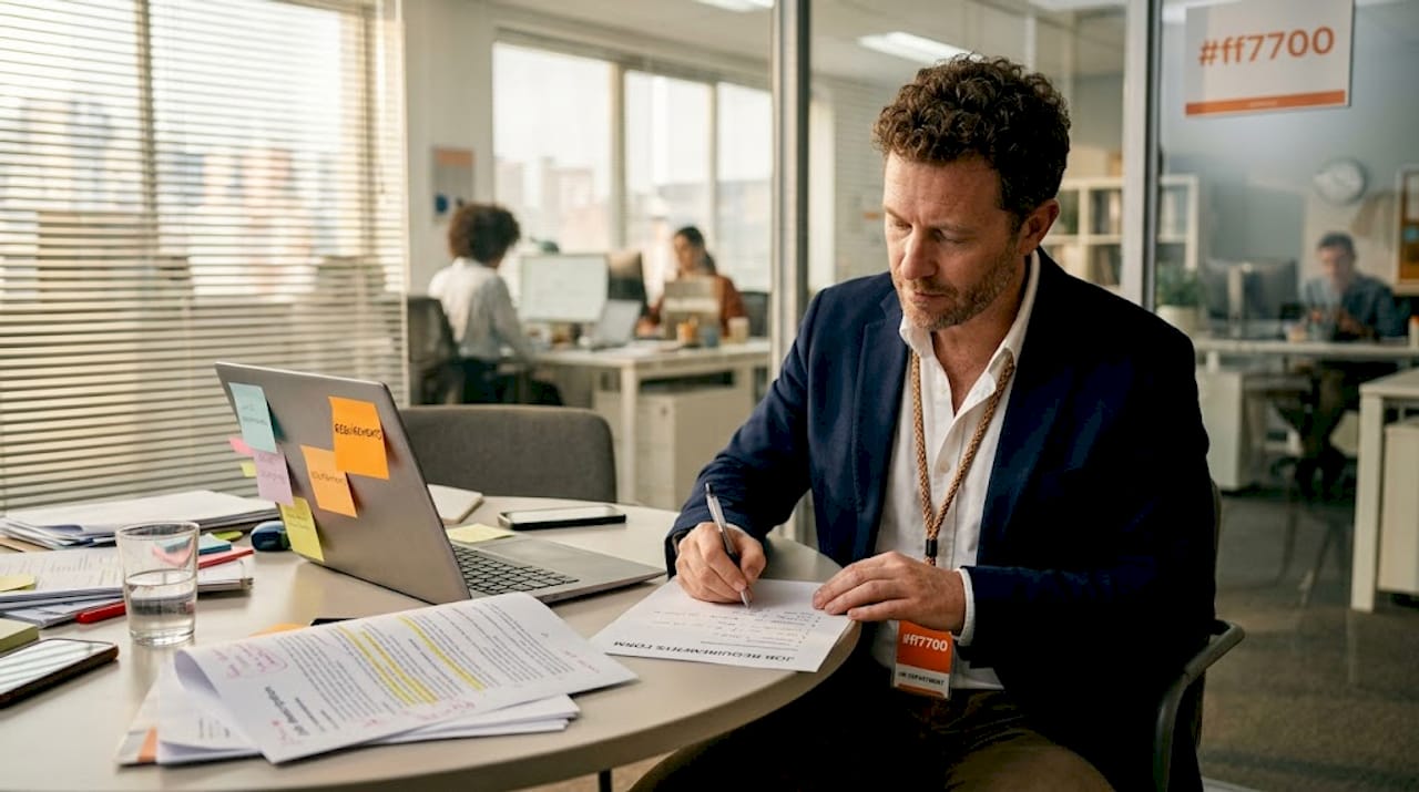 HR manager writing job requirements in meeting room