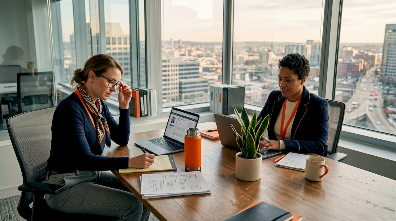 HR professionals reviewing resumes in bright office