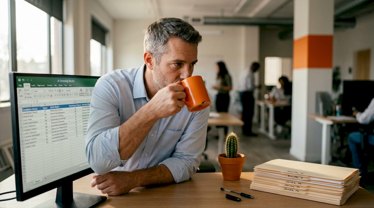 Recruiter reviewing AI screening results at desk