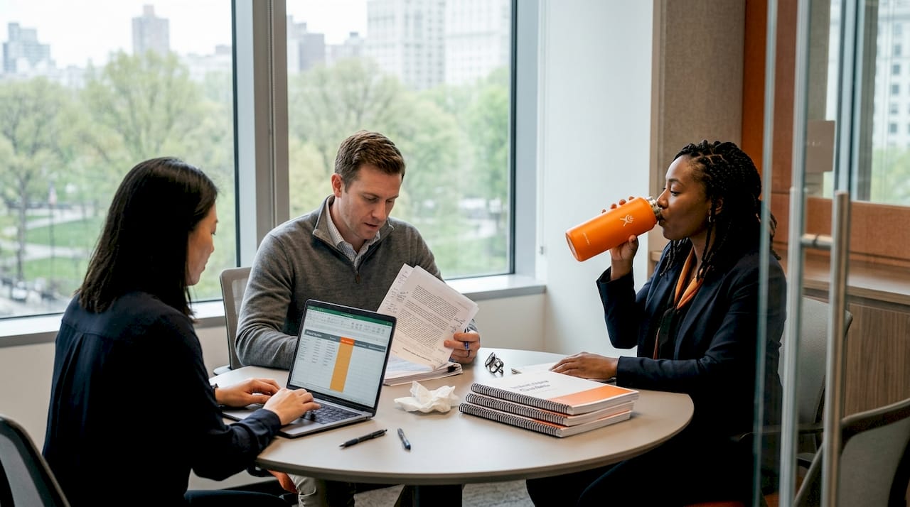 HR team in meeting reviewing AI hiring data