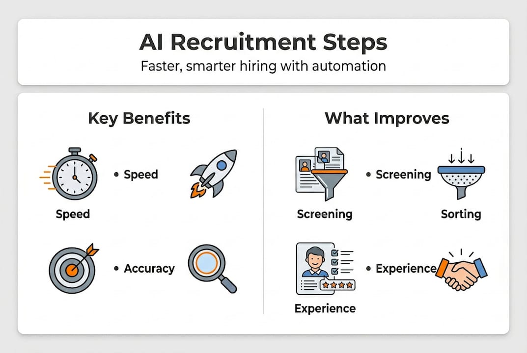 Infographic showing AI recruitment steps and benefits