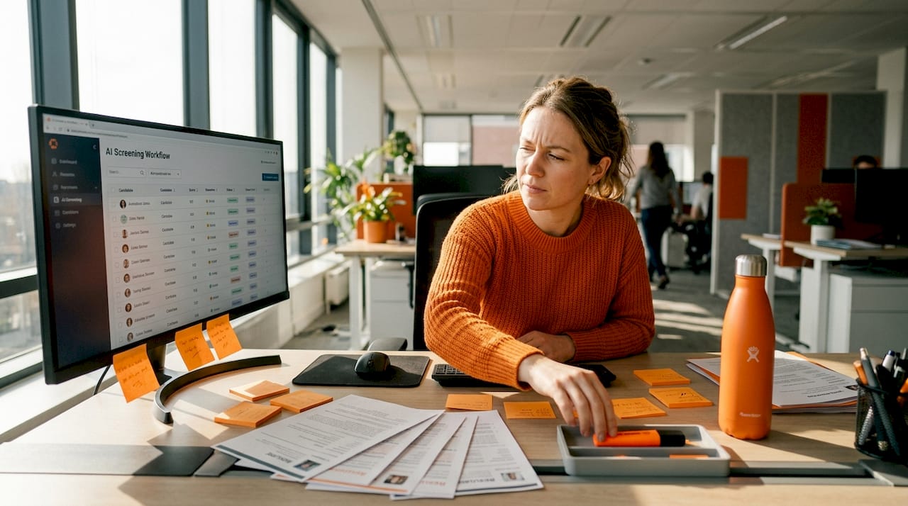 HR coordinator reviewing AI screening dashboard
