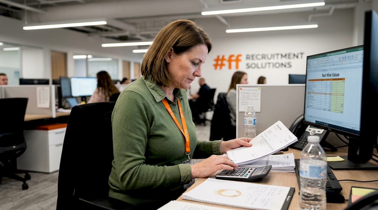 Recruiter calculating cost and value at her desk