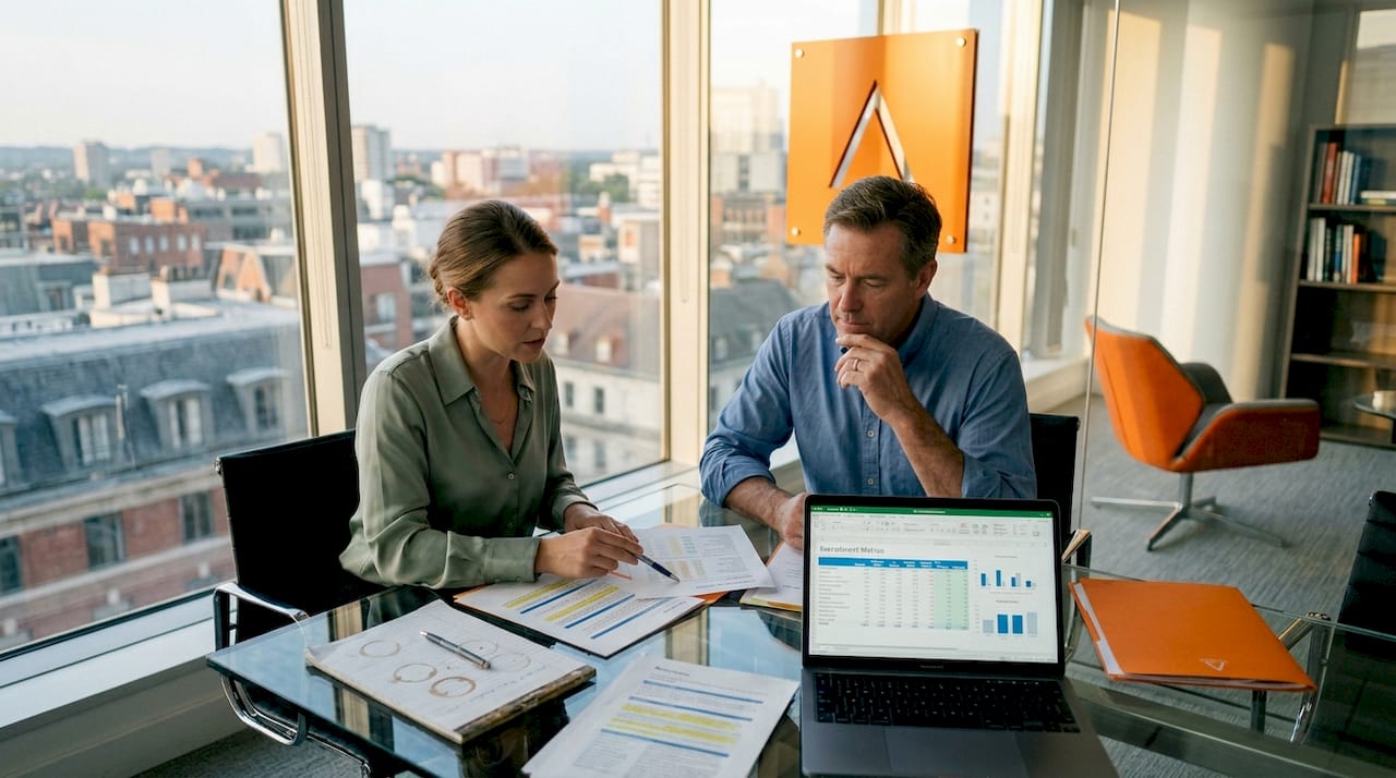 Professionals reviewing recruitment performance in modern office