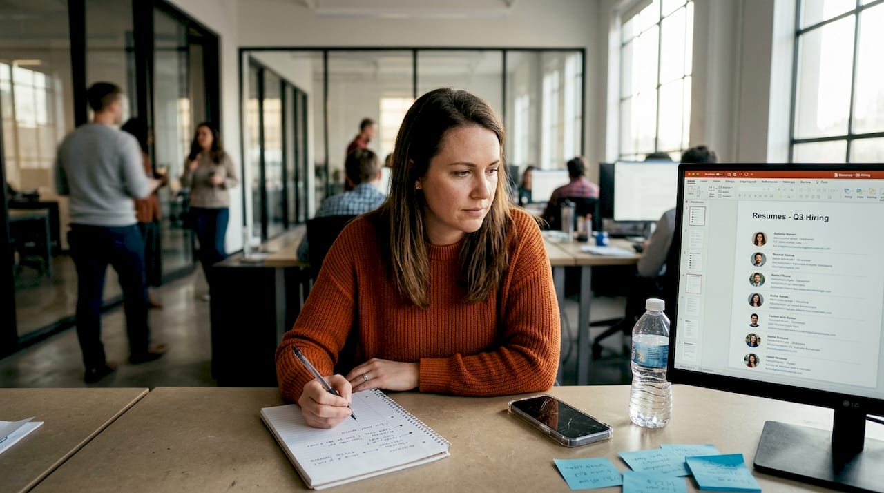 Recruiter reviewing resumes at shared workspace