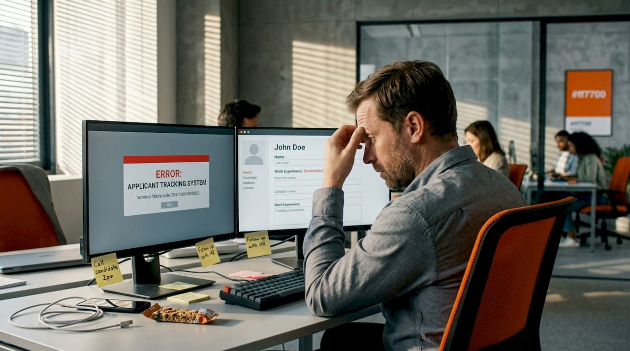 Recruiter troubleshooting tech issues at workspace
