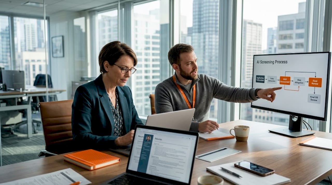 HR and engineer reviewing AI recruitment tools
