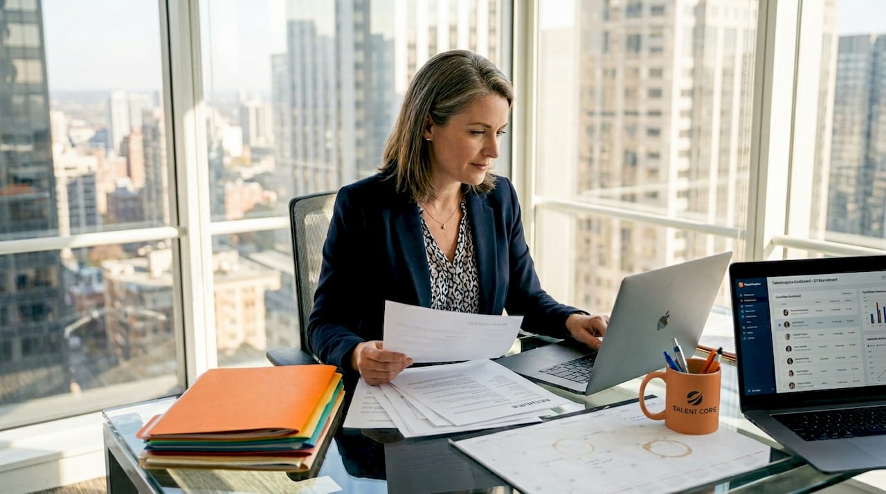 HR manager reviews resumes in office