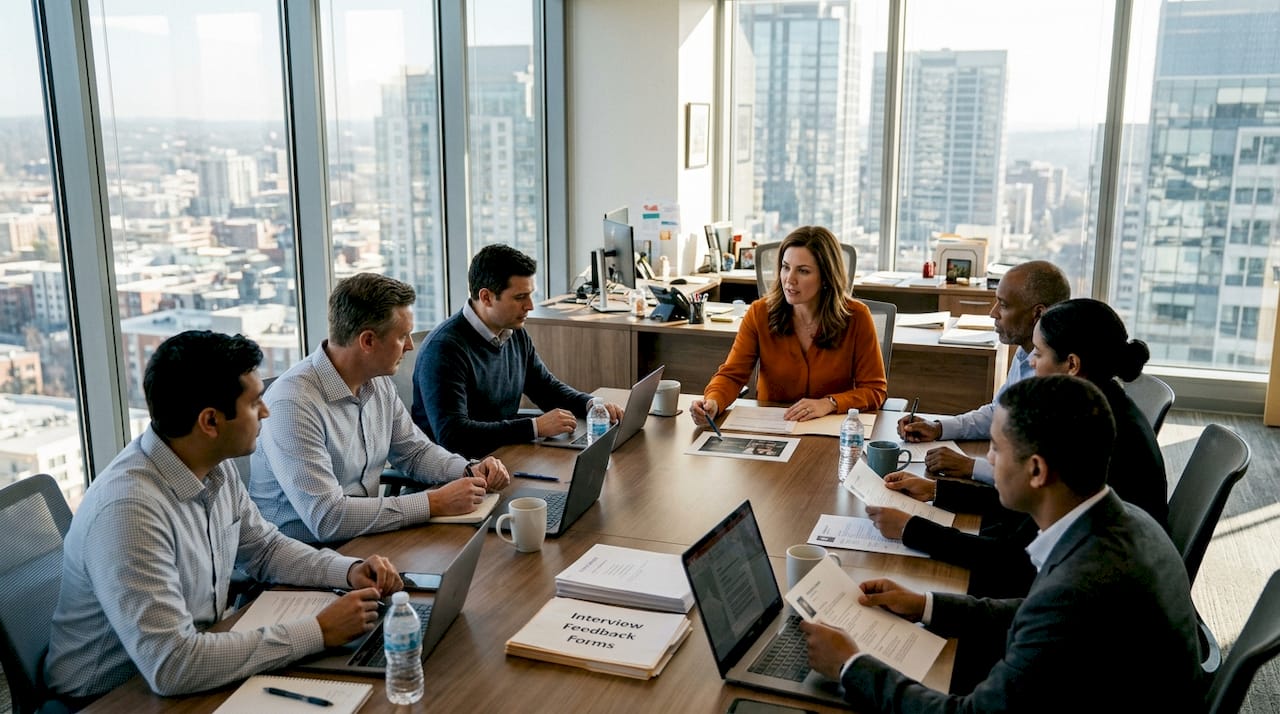 Team meeting reviewing hiring criteria in office