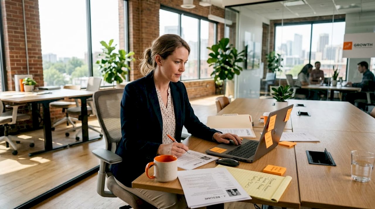 HR manager reviewing resumes in office