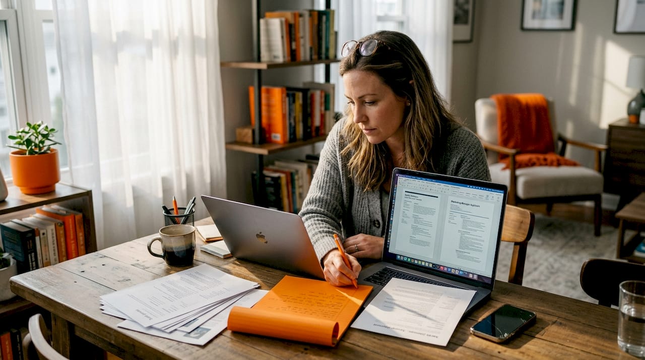 HR manager reviewing resumes in home workspace