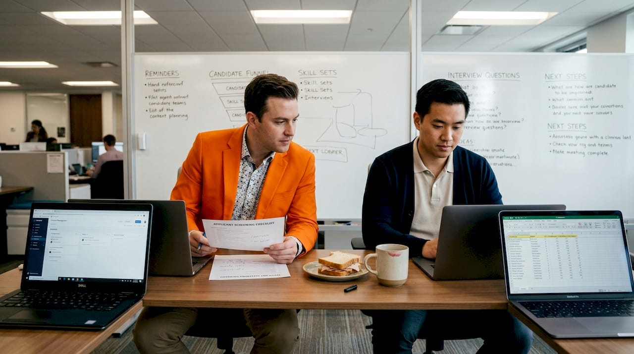 Team using screening checklists in shared office
