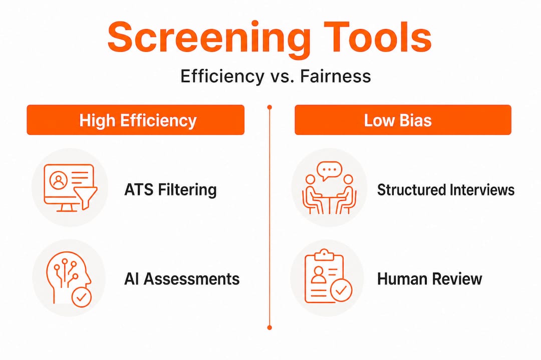 Infographic contrasting efficiency and fairness in screening tools