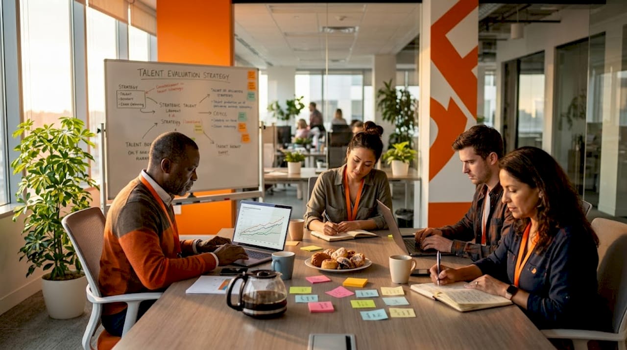 Team discussing talent review in sunny corner office