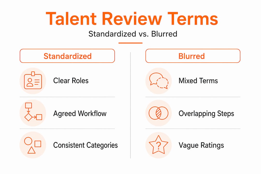Infographic comparing standardized vs blurred talent review terms