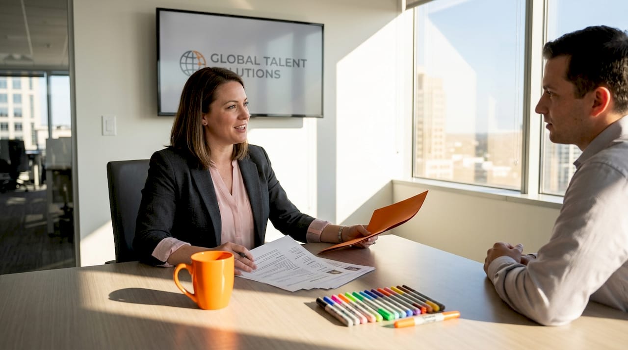 Hiring managers reviewing resumes in sunny meeting room
