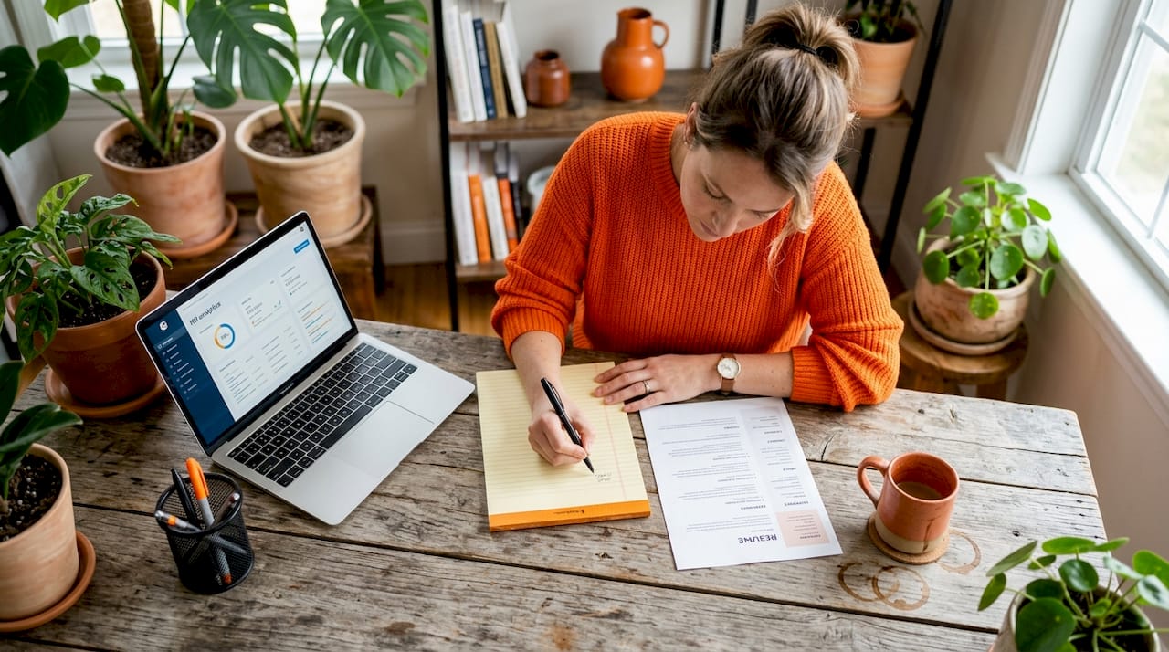 HR professional reviewing candidate resume at desk