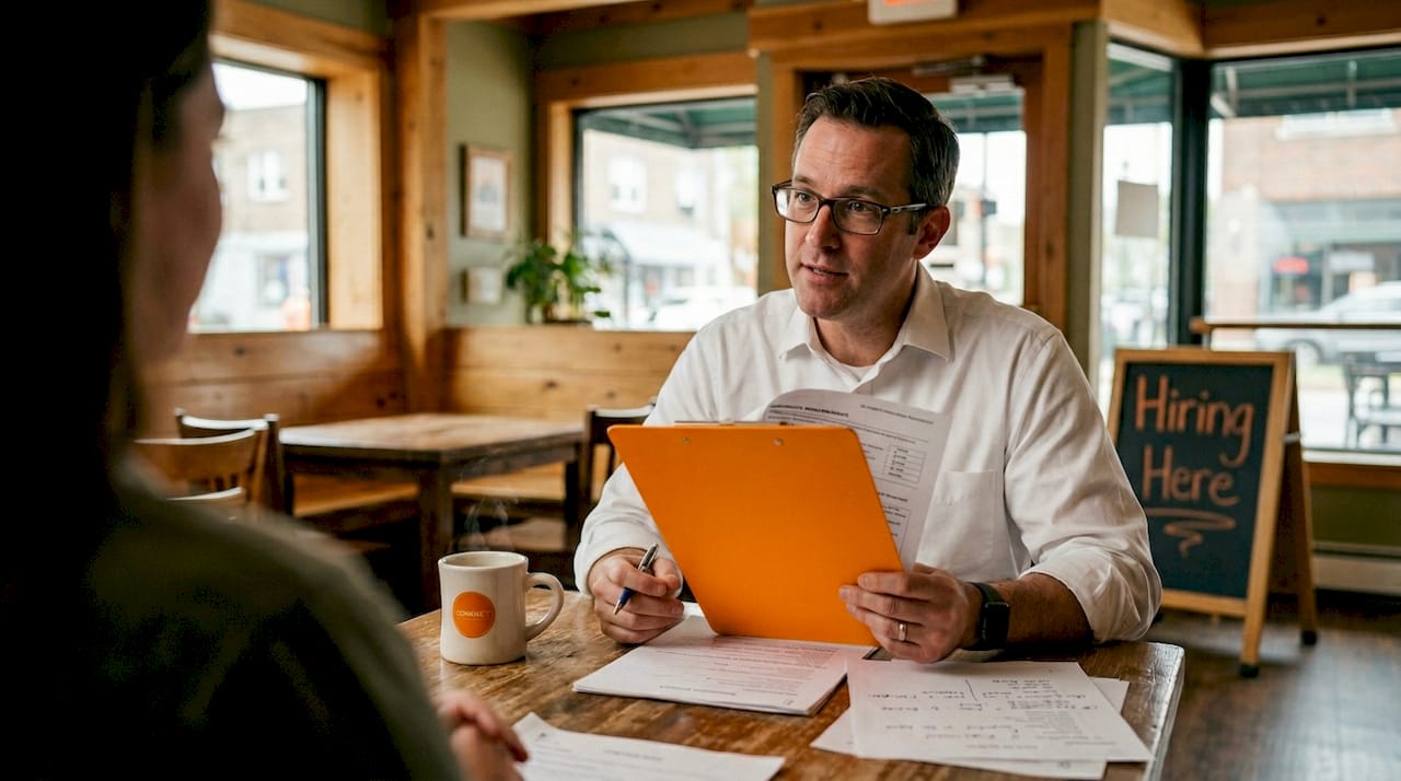 Hiring manager conducting candidate interview with assessment sheet