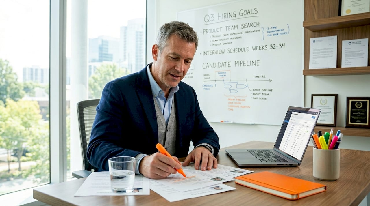 Recruiter screening candidate profiles at desk
