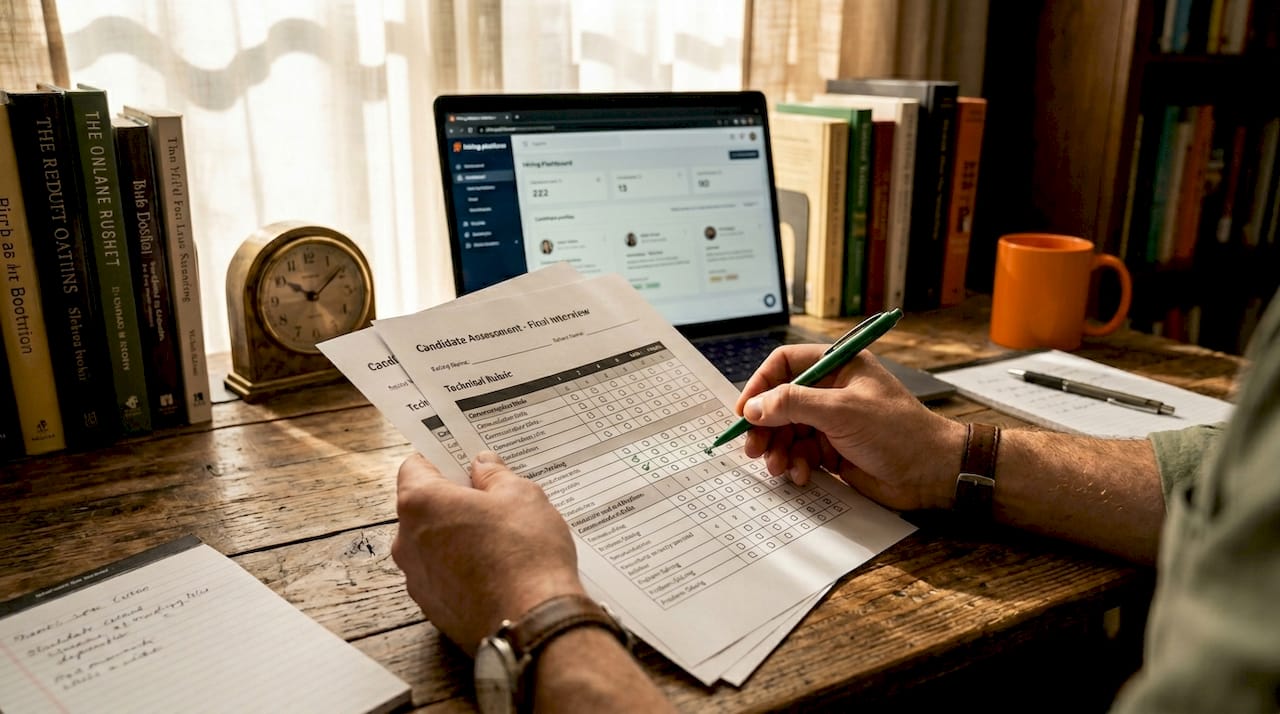 Hiring manager reviewing scorecards and rubrics