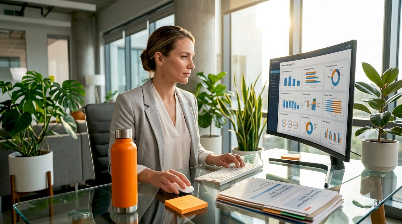 HR analyst working with workforce analytics on computer