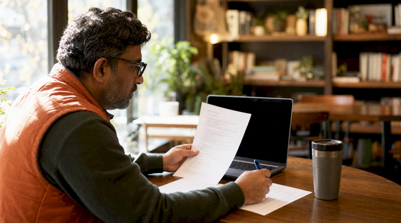 Hands preparing structured interview scoring sheets