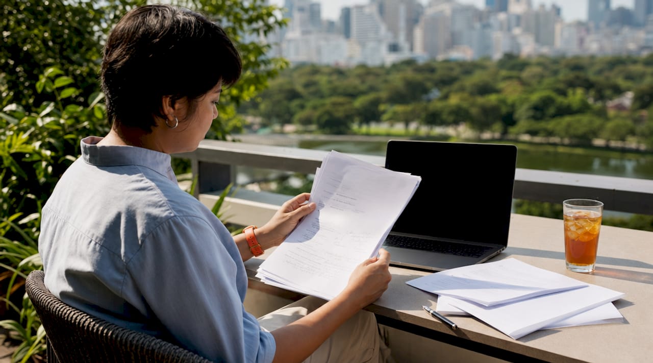 HR professional reviewing candidate evaluation forms