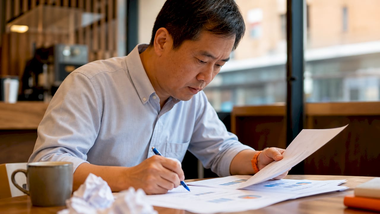 Man auditing AI hiring reports at workspace