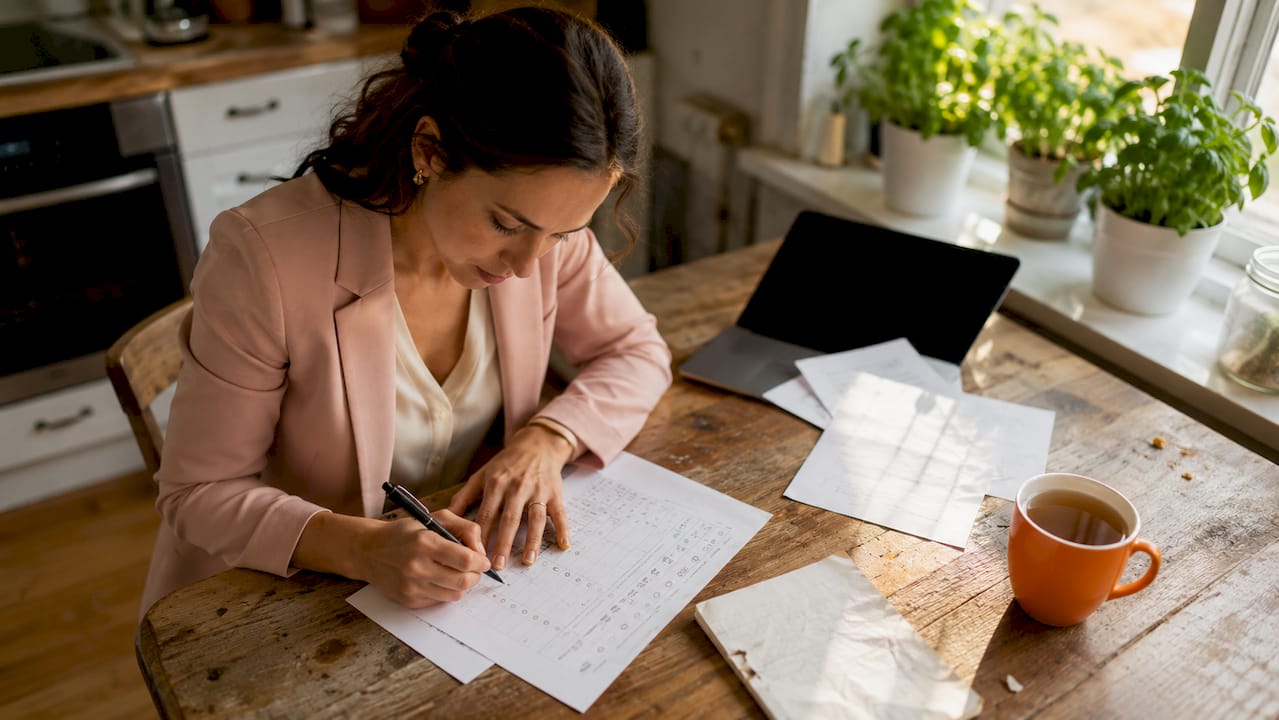 Woman completing job skills assessment form at desk