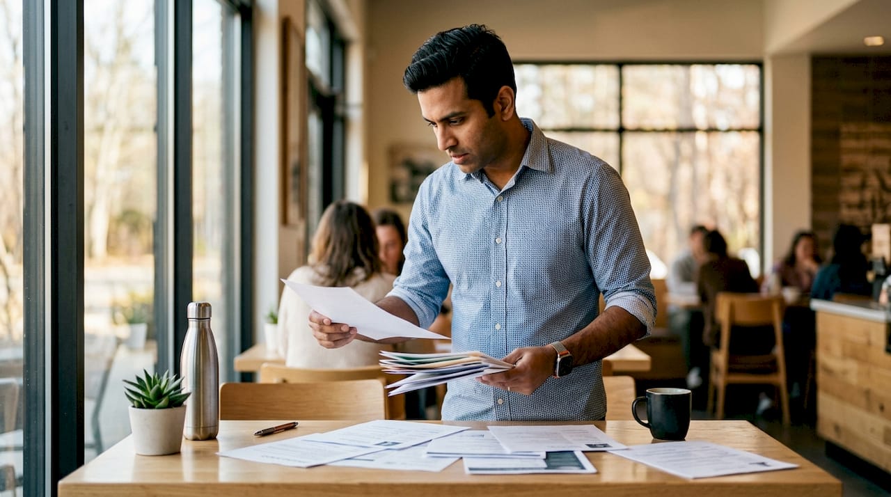 HR professional sorting resumes in office