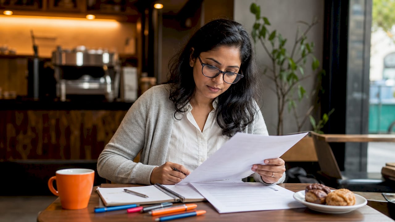 HR professional reviewing candidate resumes at desk