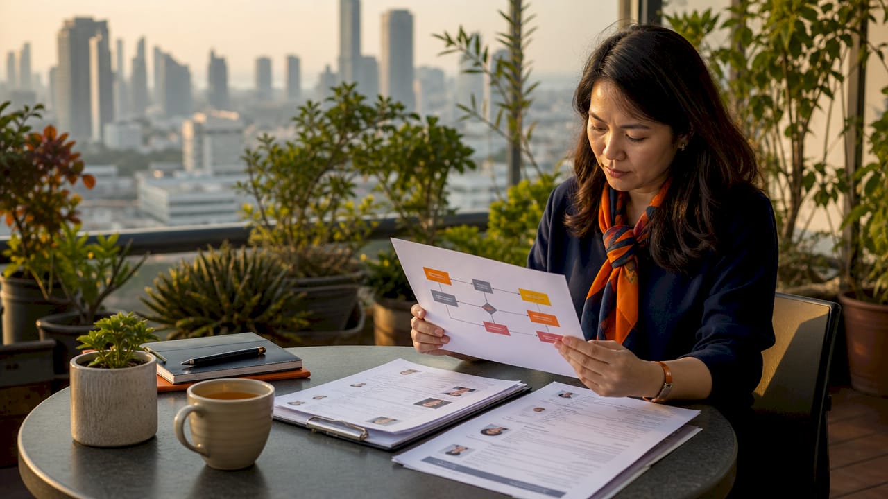 HR leader reviewing recruitment workflow at desk