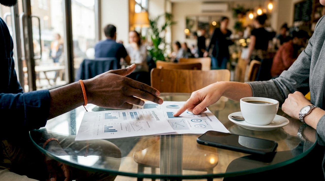 Hands pointing to hiring metrics documents on table