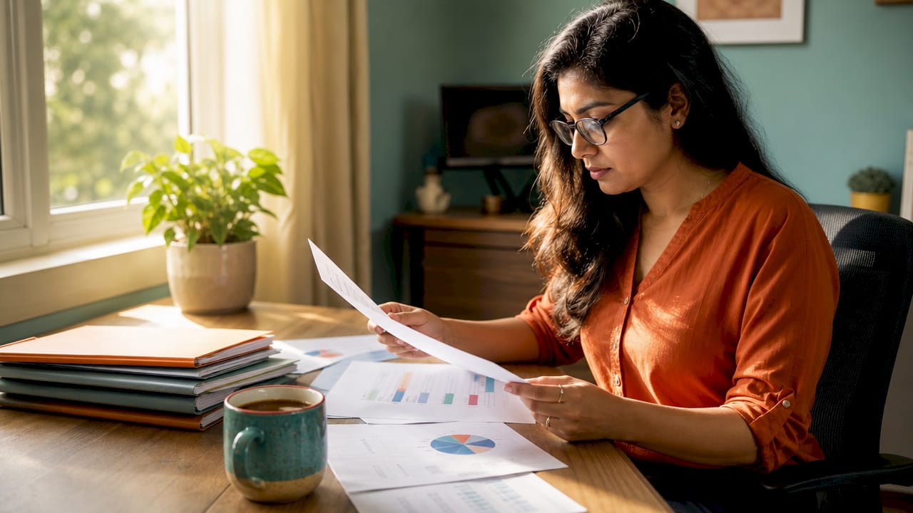 HR analyst reviewing predictive hiring data printouts