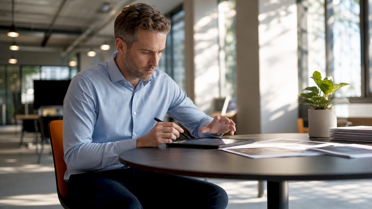 Hiring manager reviewing scoring rubric on tablet