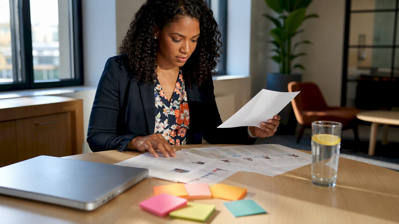 HR manager reviewing candidate benchmarking materials