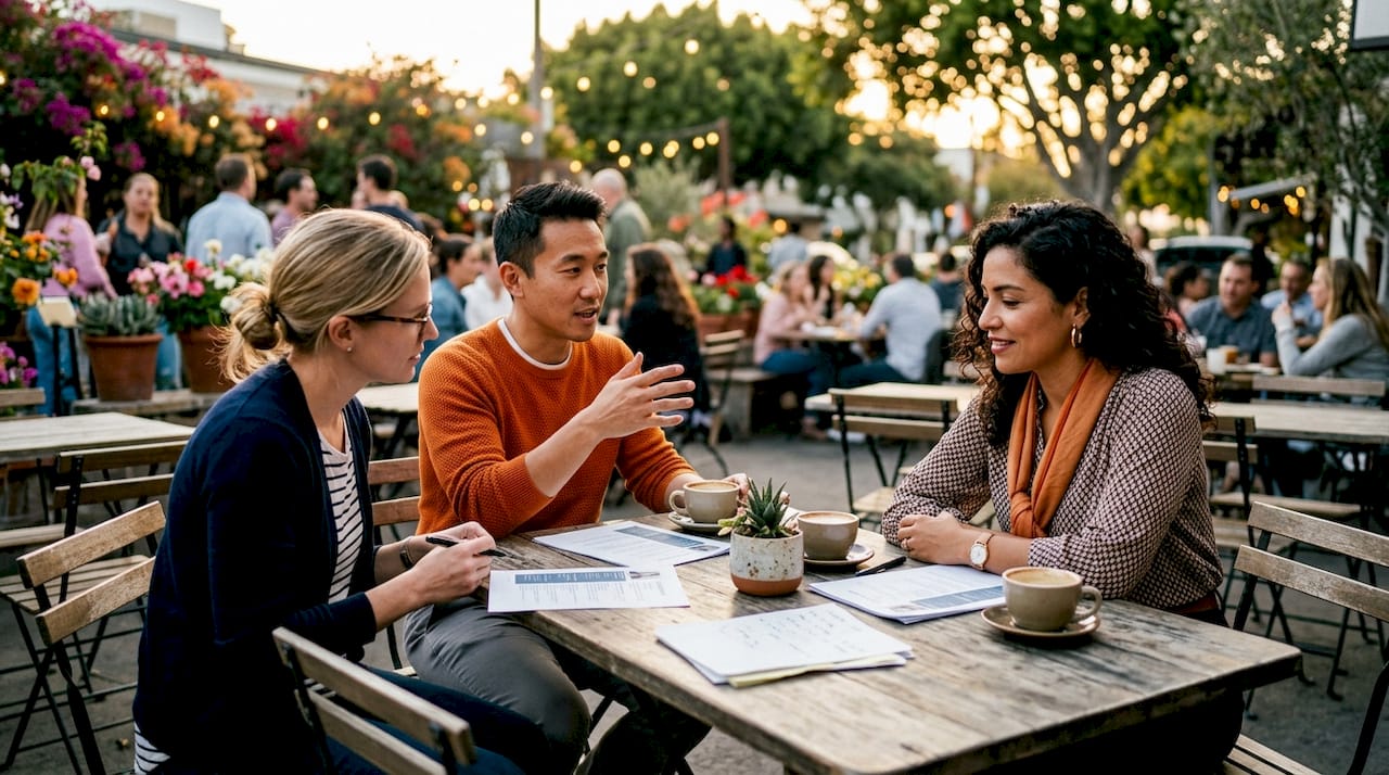 Recruitment team discussing candidate credentials at café