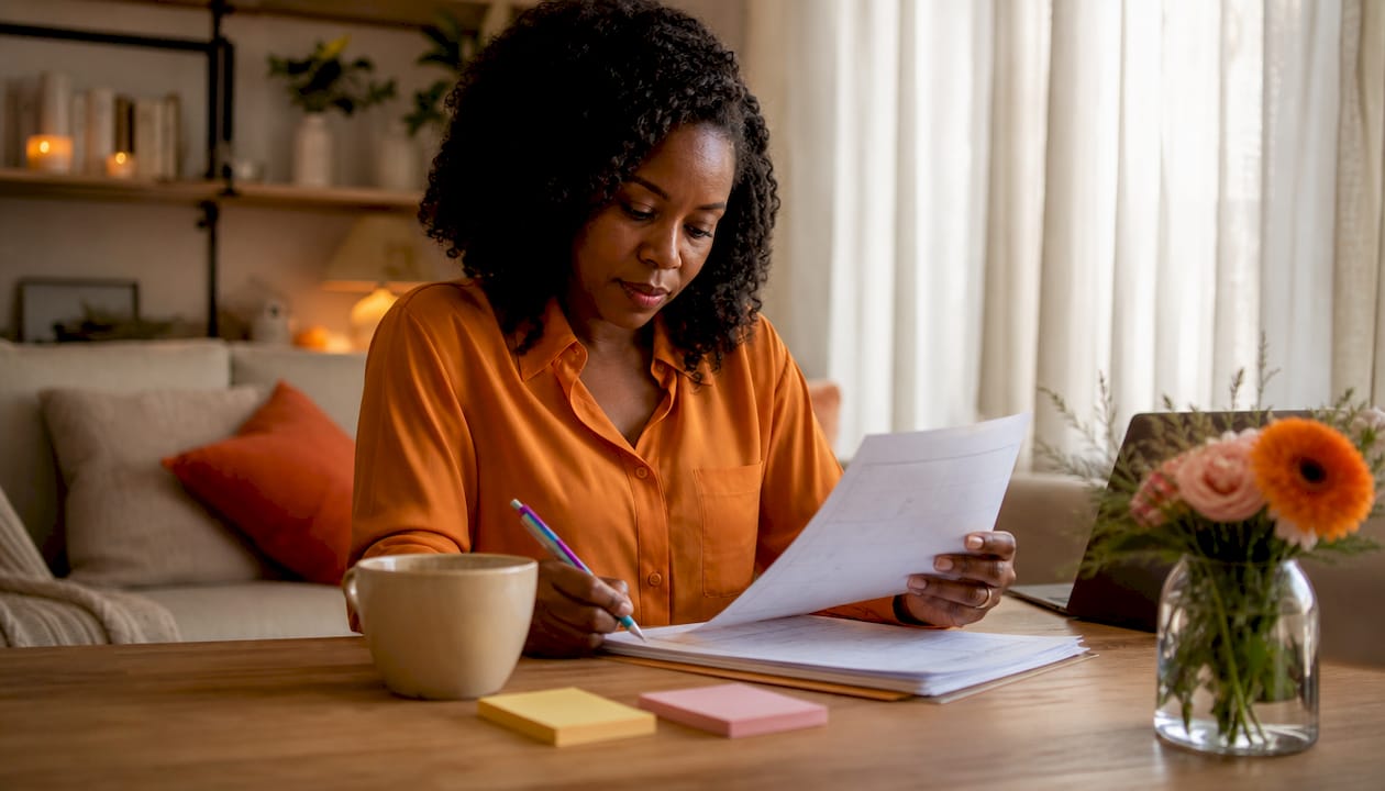 HR professional reviewing candidate assessments in home office