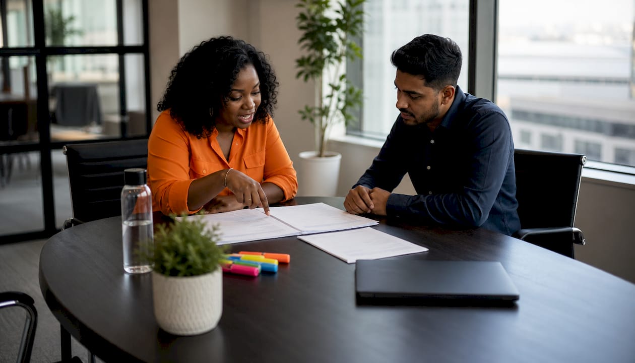 Two professionals discussing candidate feedback in office
