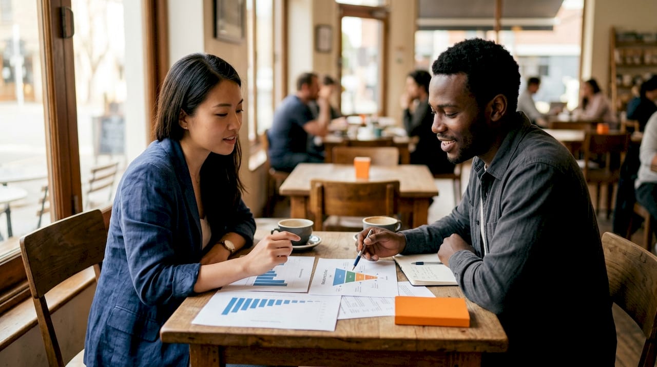 Two colleagues discussing hiring metrics at conference table
