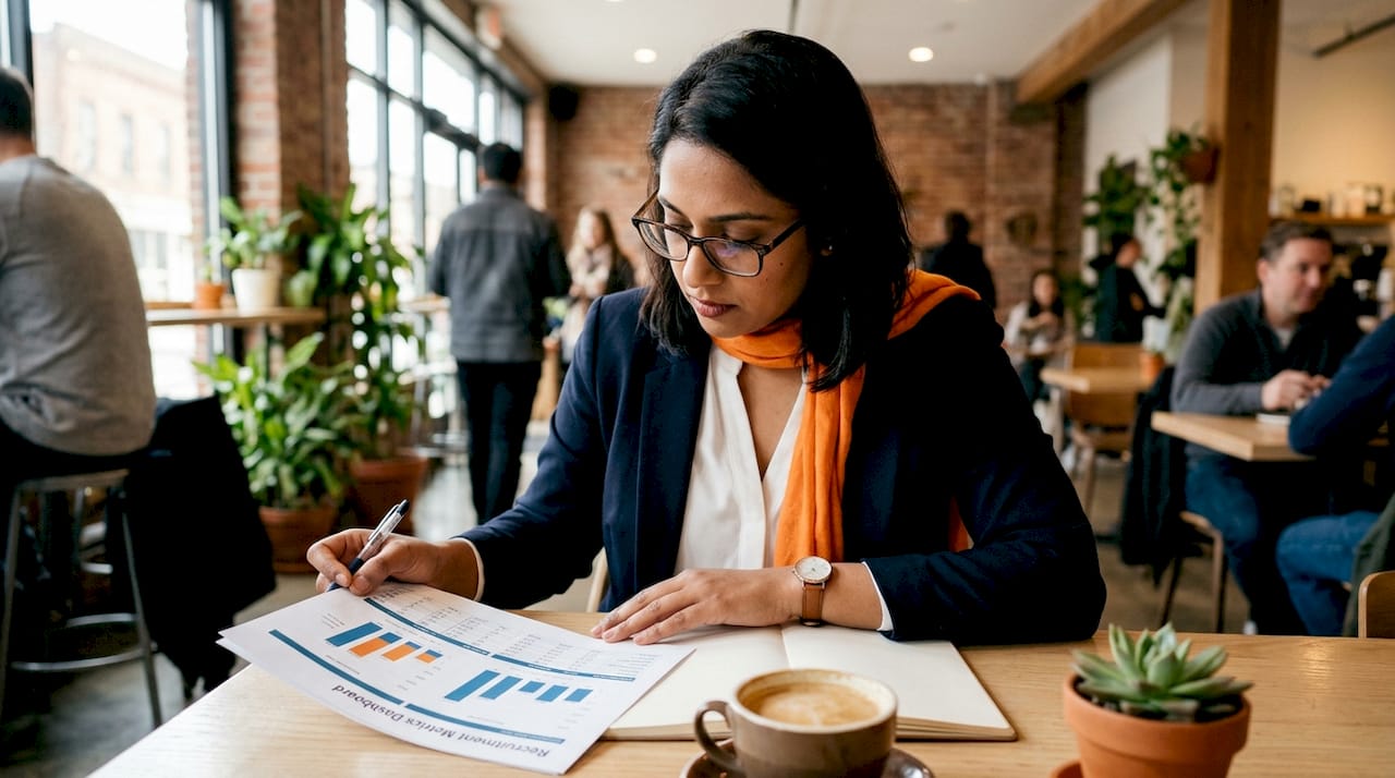 HR professional reviewing hiring analytics dashboard