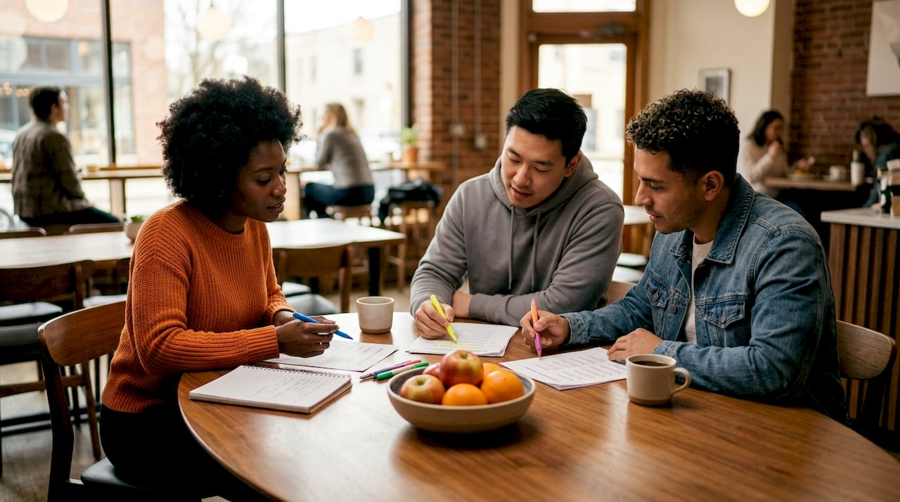 Recruiters collaborating at desk on candidate evaluations