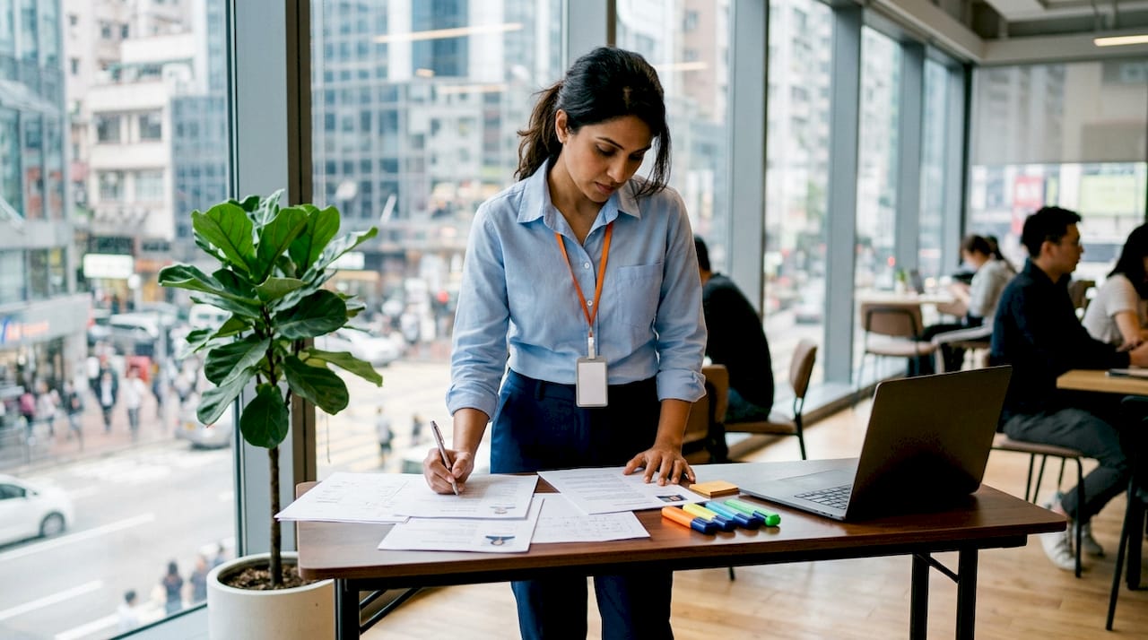 Woman reviewing candidate resumes at desk