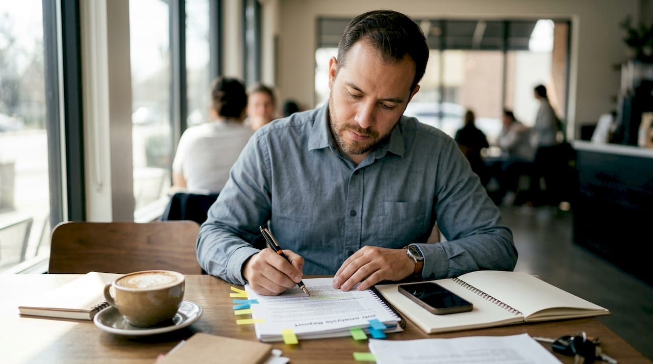 Hands annotating job analysis report on desk