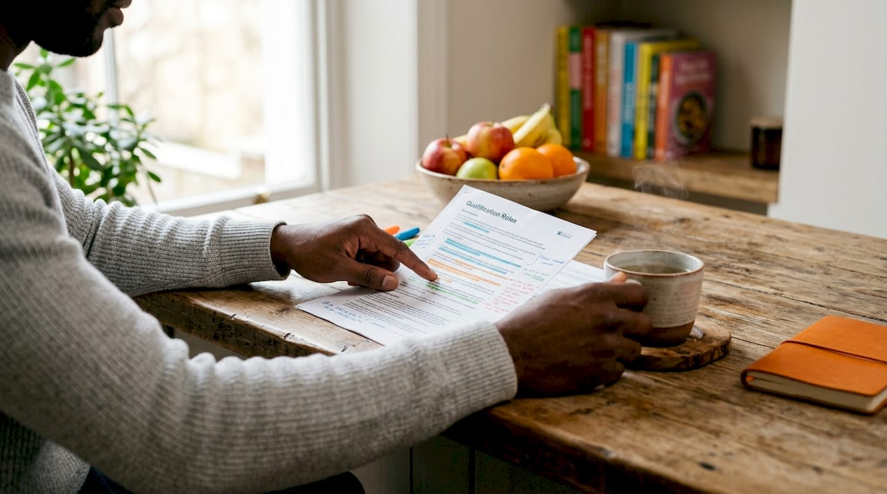 Close-up of hands reviewing qualification rules