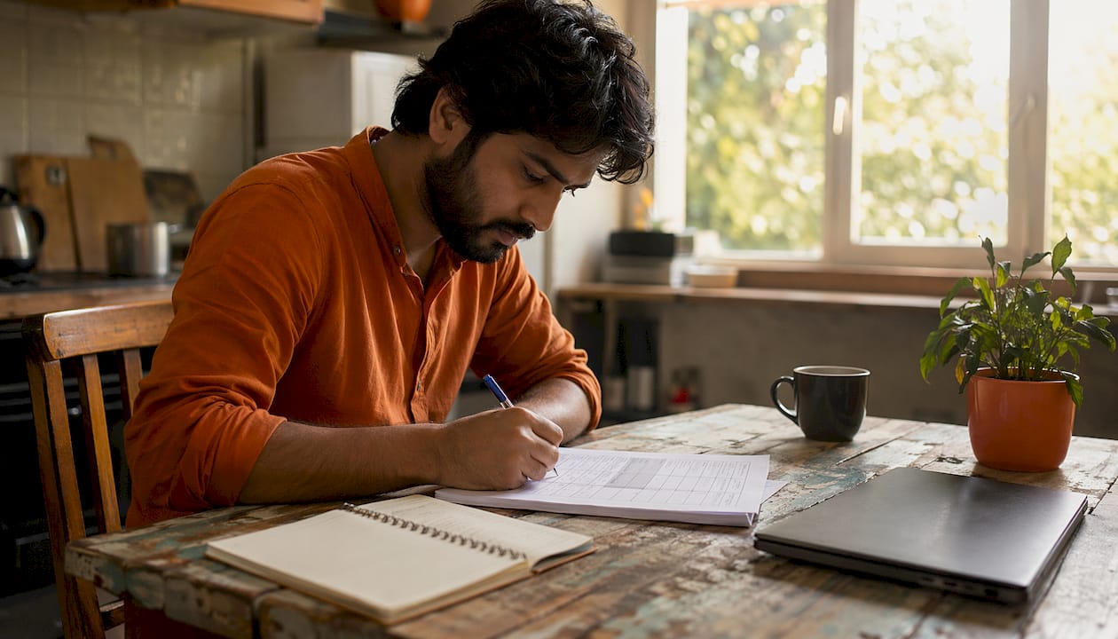 Close-up of man annotating interview rubric at desk
