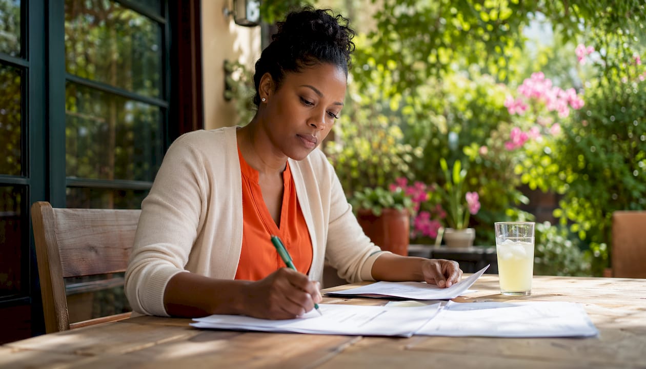 HR professional reviewing interview evaluations at table