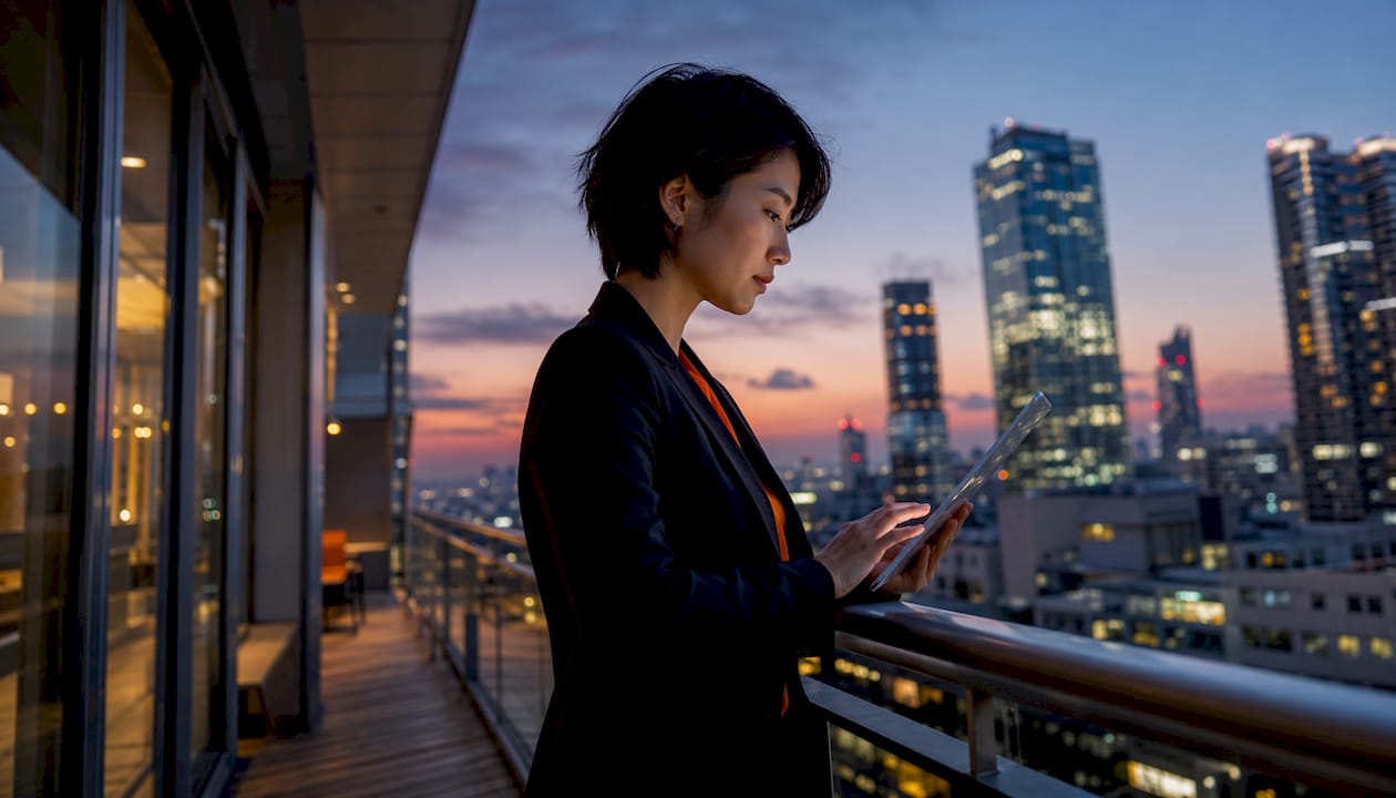 Woman using digital tablet overlooking city skyline at sunset