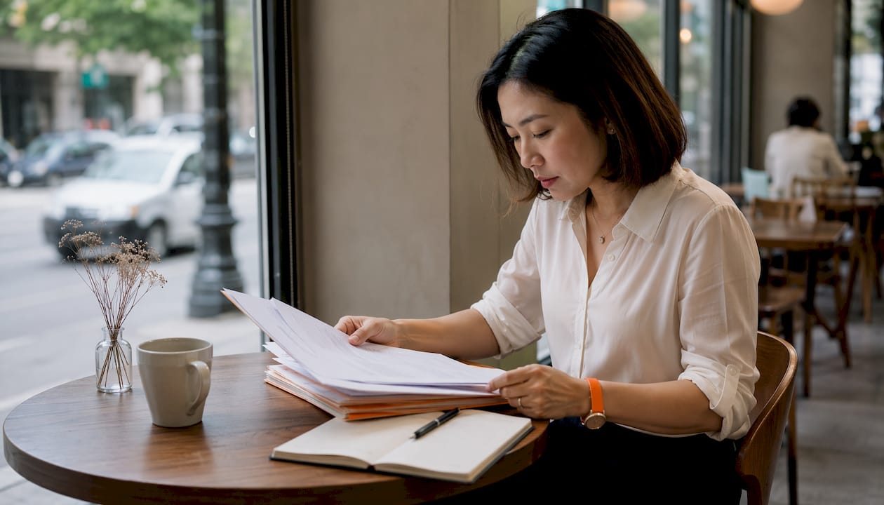 HR manager reviewing employee documents in office